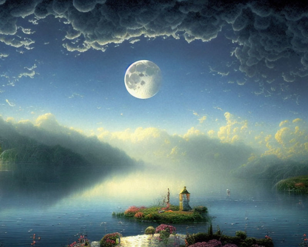 Serene moonlit landscape with full moon, lake, misty forests, blossoms, and castle