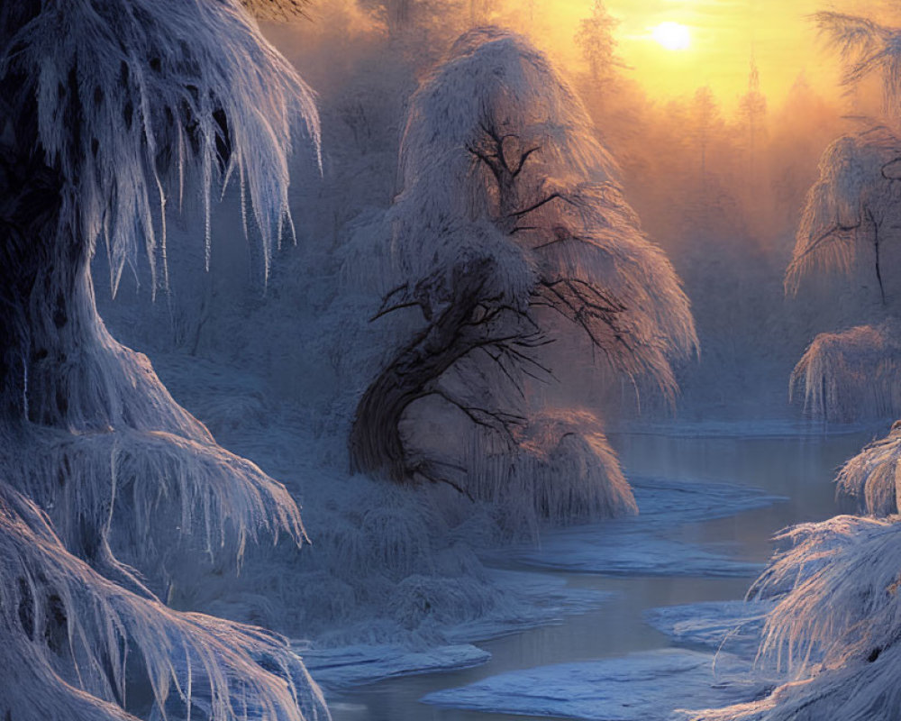 Tranquil Winter Landscape with Frost-Covered Trees and River