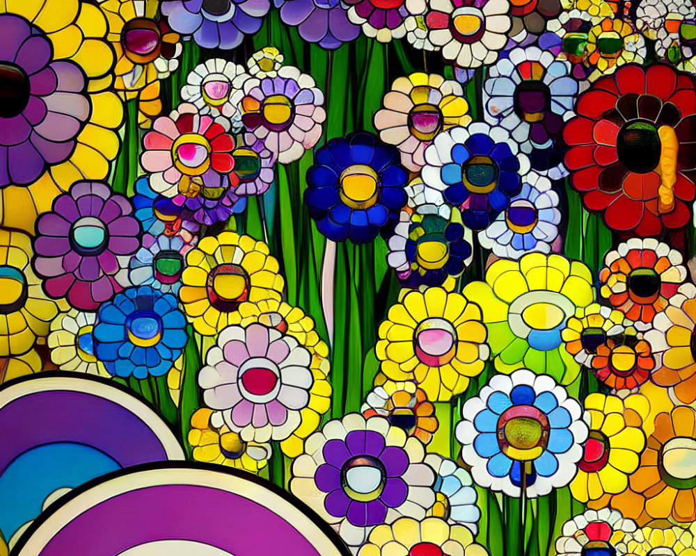 Colorful Stylized Flower Mosaic with Concentric Circles