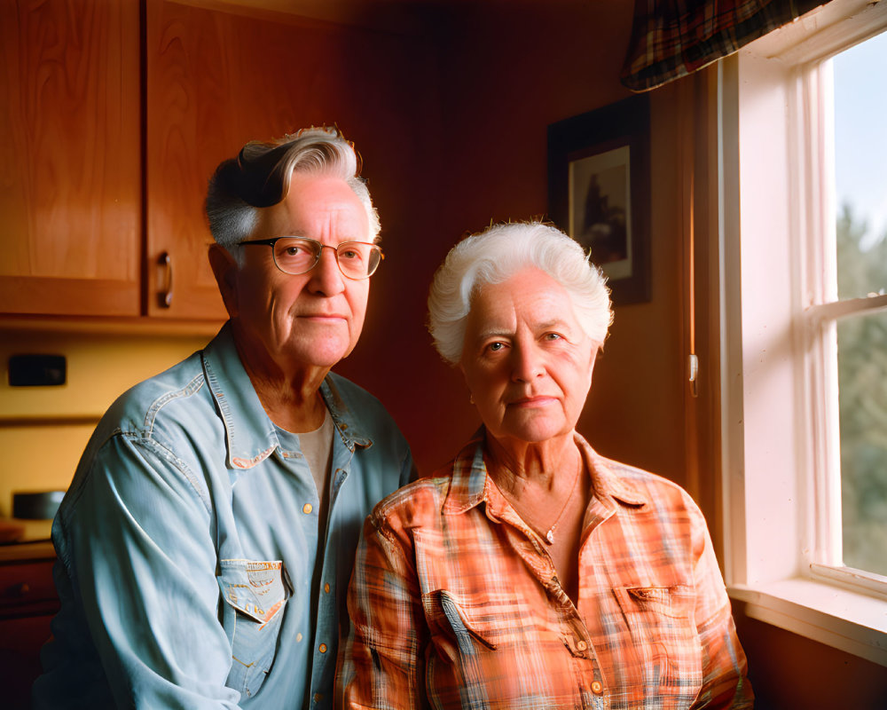 Elderly Couple with White Hair in Blue and Orange Shirts Sitting Indoors