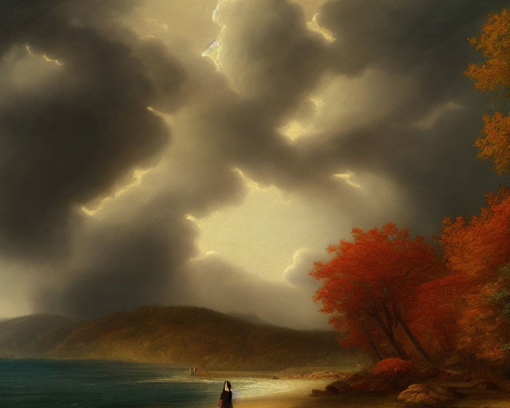 Figure on Beach Under Dramatic Sky with Sunlight and Autumn Trees