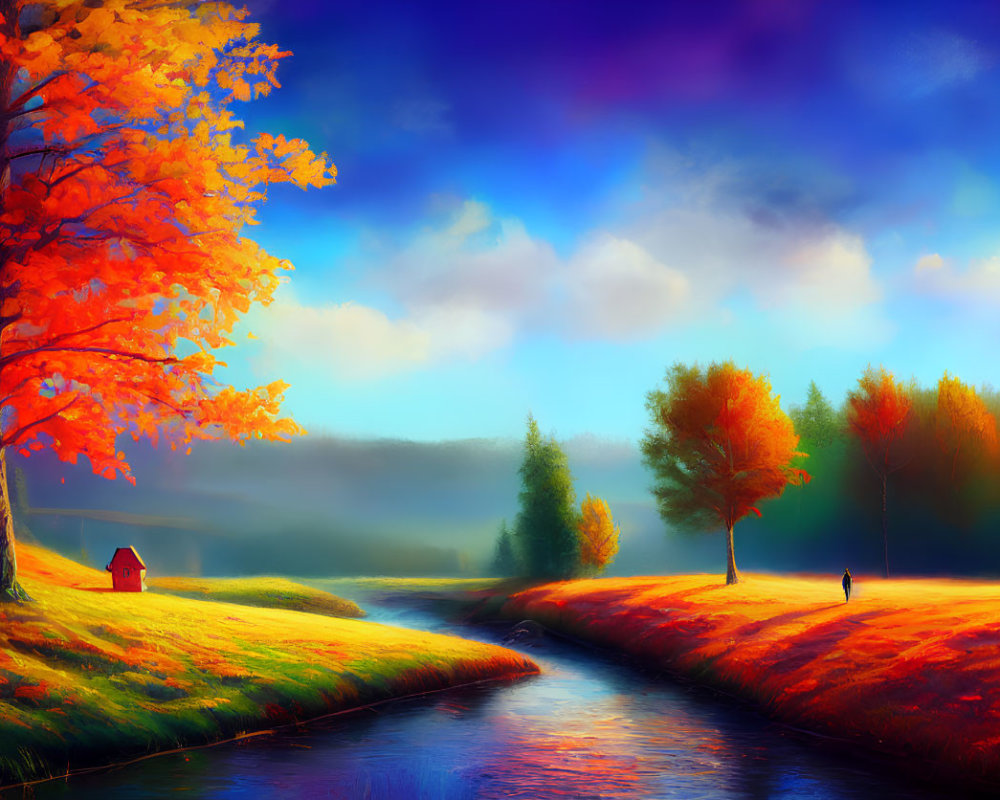 Colorful autumn landscape with river, trees, figure, and red house.
