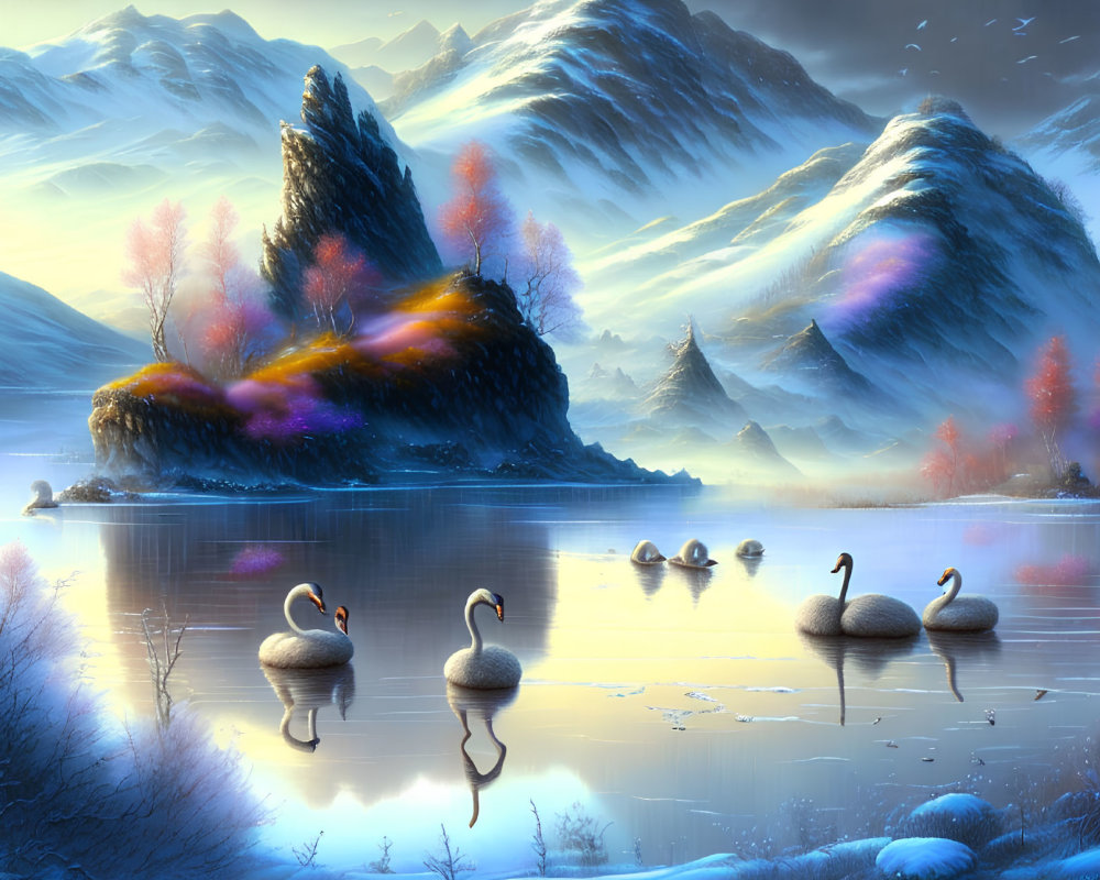 Snowy Mountains and Swans on Lake in Dusk Scene