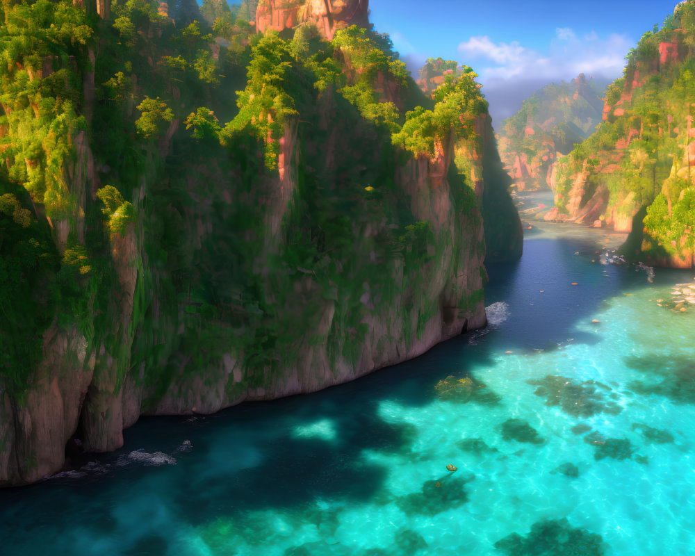 Sunny landscape: green cliffs, turquoise sea, vibrant foliage