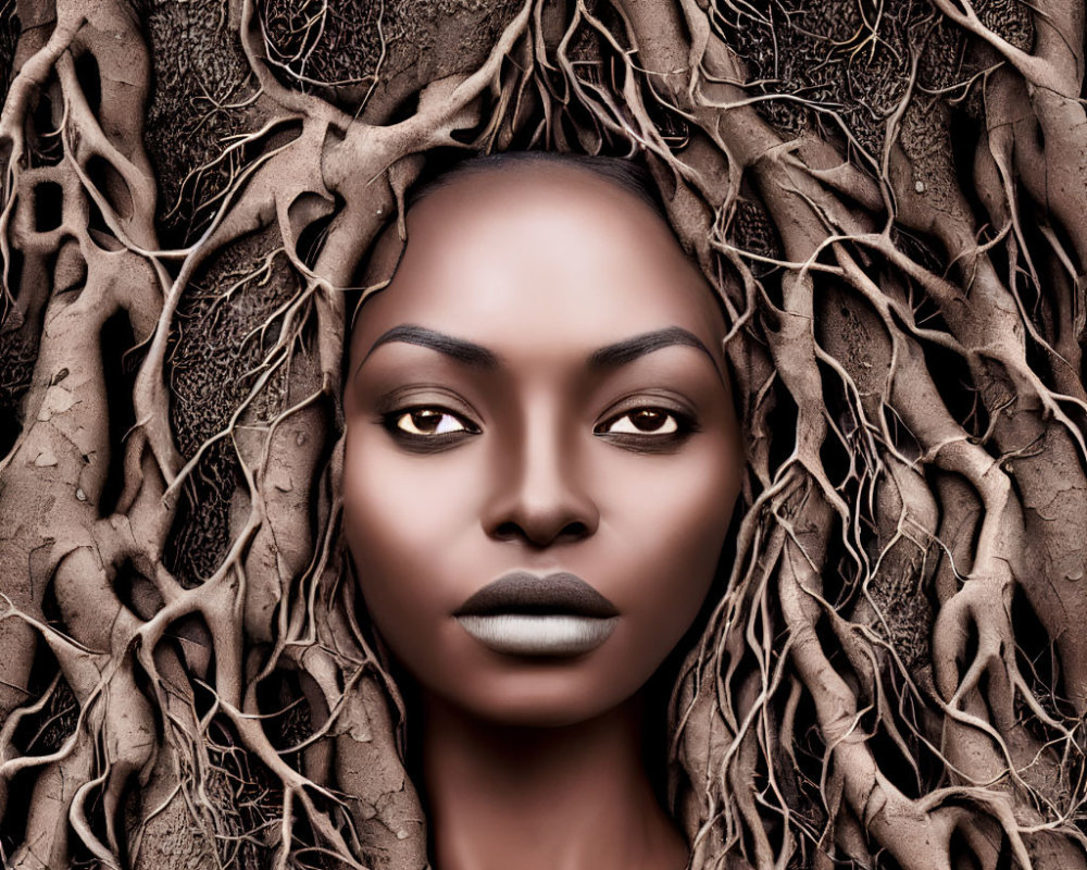 Woman's Face Blending with Tree Roots in Artistic Image