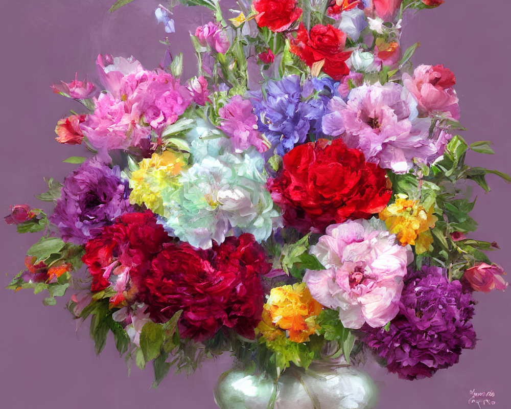 Assorted vibrant flowers in red, purple, pink, and yellow against a painterly purple background