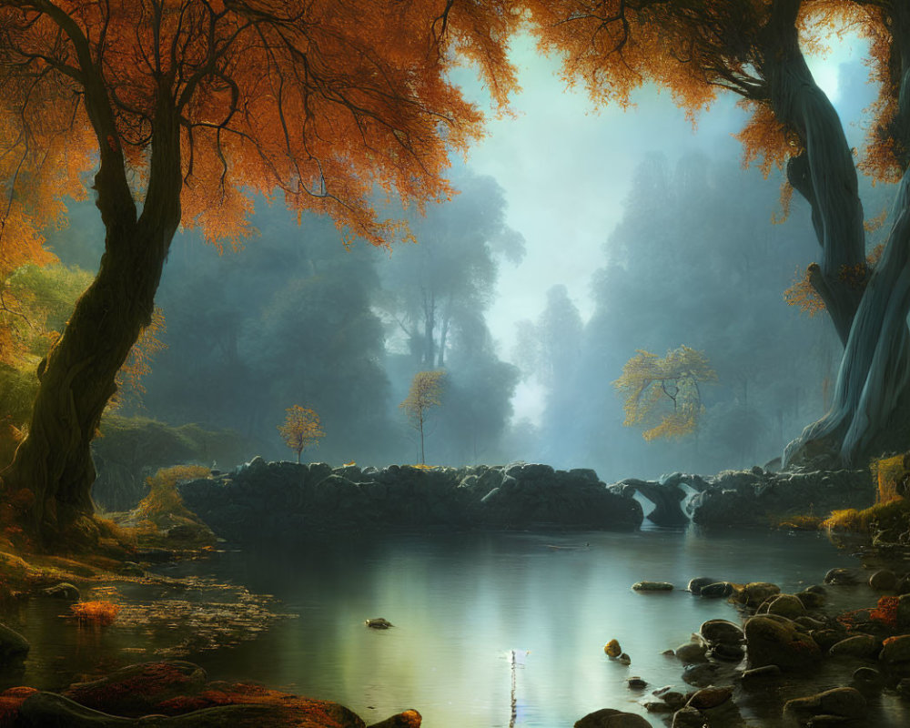 Golden foliage and serene pond in mystical autumn forest
