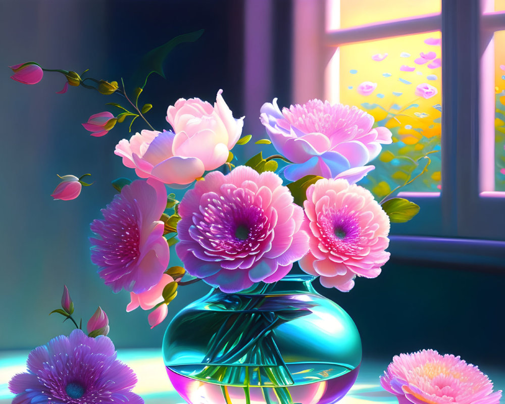 Bright Pink Peonies in Glass Vase with Sunlight Reflections
