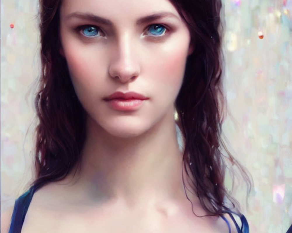 Portrait of young woman with dark hair and blue eyes on pastel background