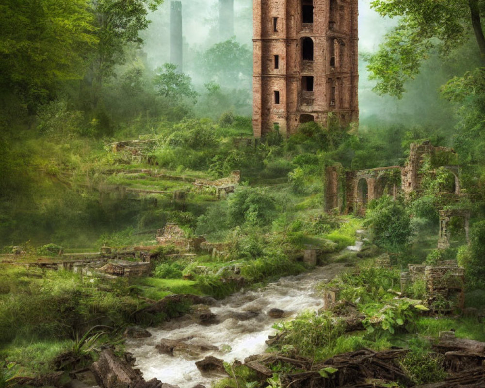 Ancient brick tower in lush greenery with ruins, stream, and scattered rocks.