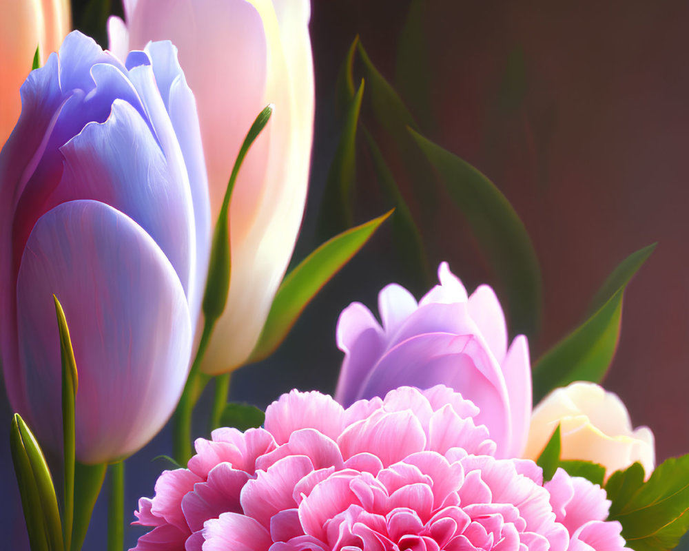 Vibrant close-up of blooming purple and pink tulip flowers with soft lighting