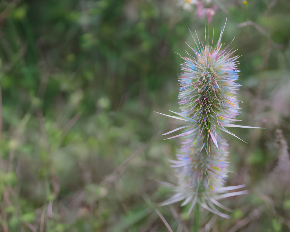 Slender, Spiky Plant with Blue to Pink Gradient on Blurred Green Background