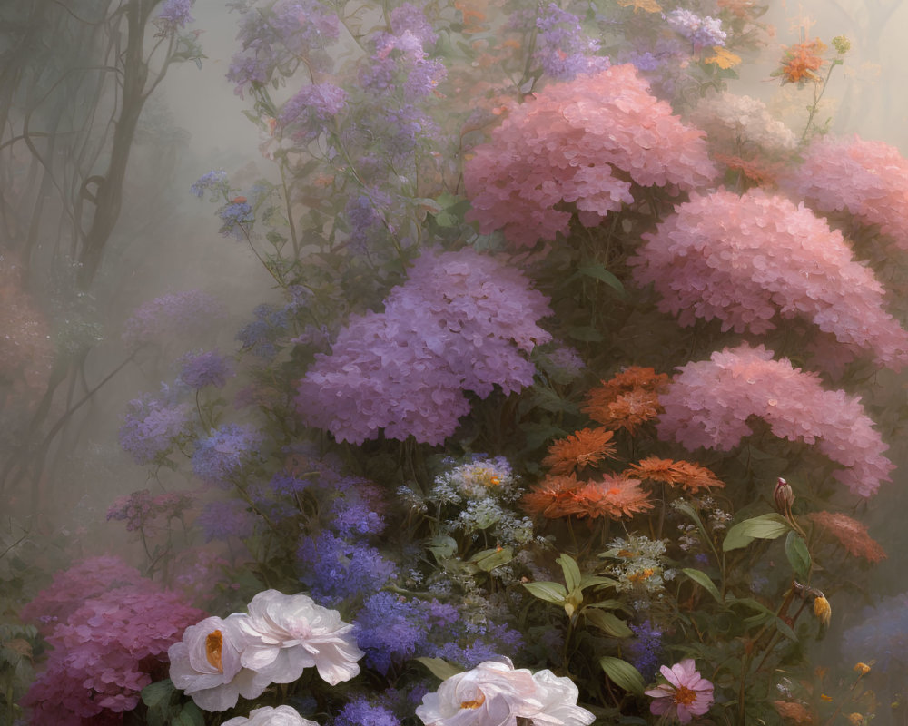 Pastel Hydrangea and Rose Garden in Misty Setting