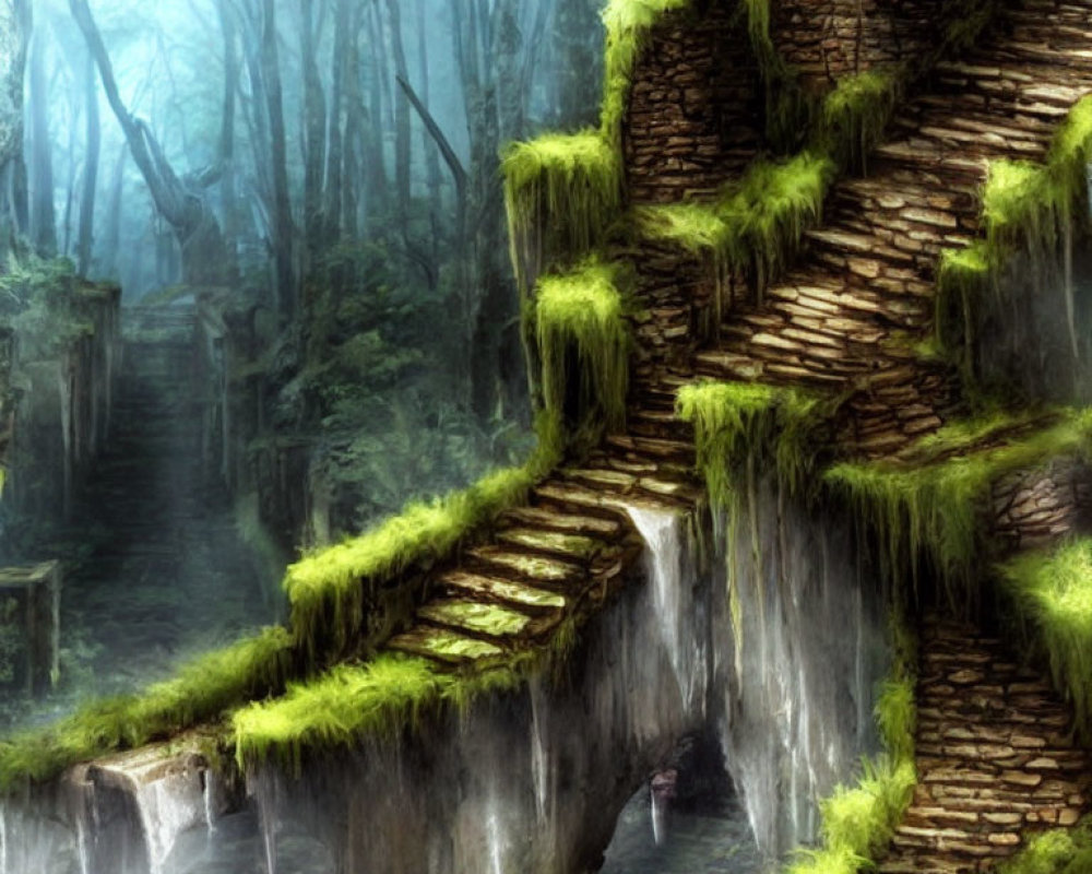 Moss-covered stone staircase in foggy forest with lush greenery