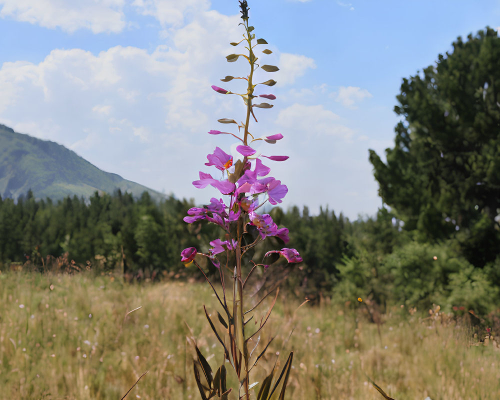 Purple Flower Stands Tall in Meadow with Trees and Mountain