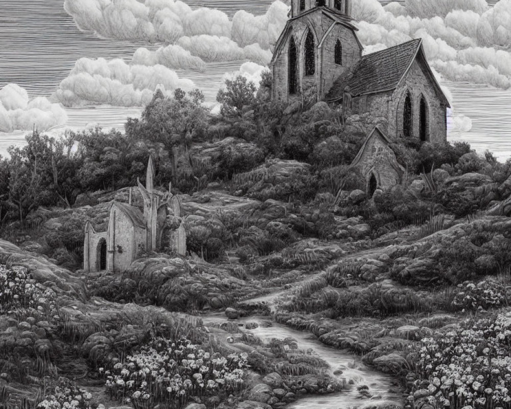 Monochrome rural landscape with old church, damaged roof, overgrown foliage, stream, flowers