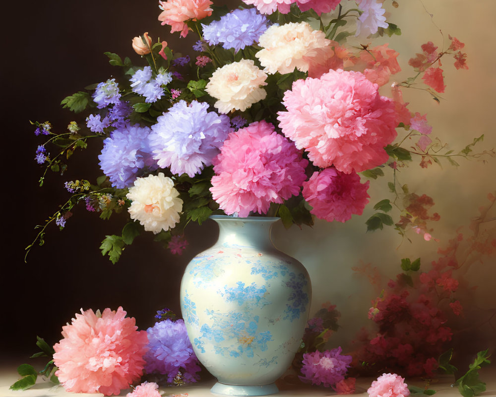 Colorful Pink, White, and Blue Peonies in Blue Vase on Shadowy Background