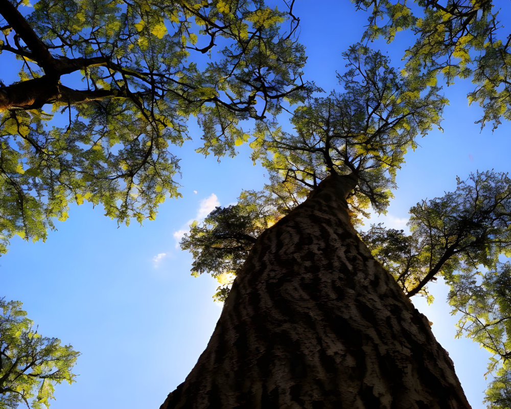 Tall tree trunk against clear blue sky with green leaves