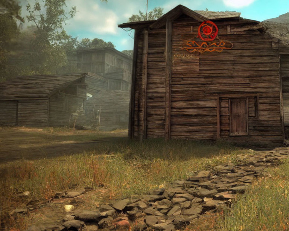 Rustic wooden buildings with mysterious symbol in overgrown clearing