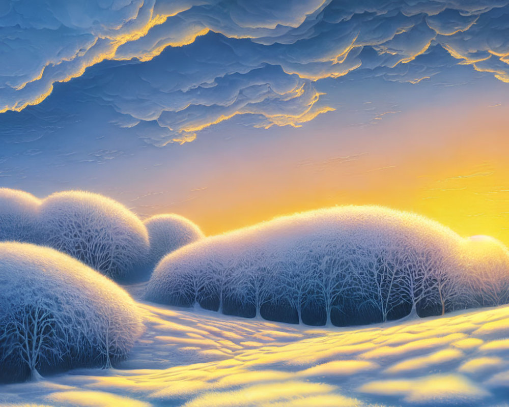 Snow-covered trees in serene winter sunset scene.