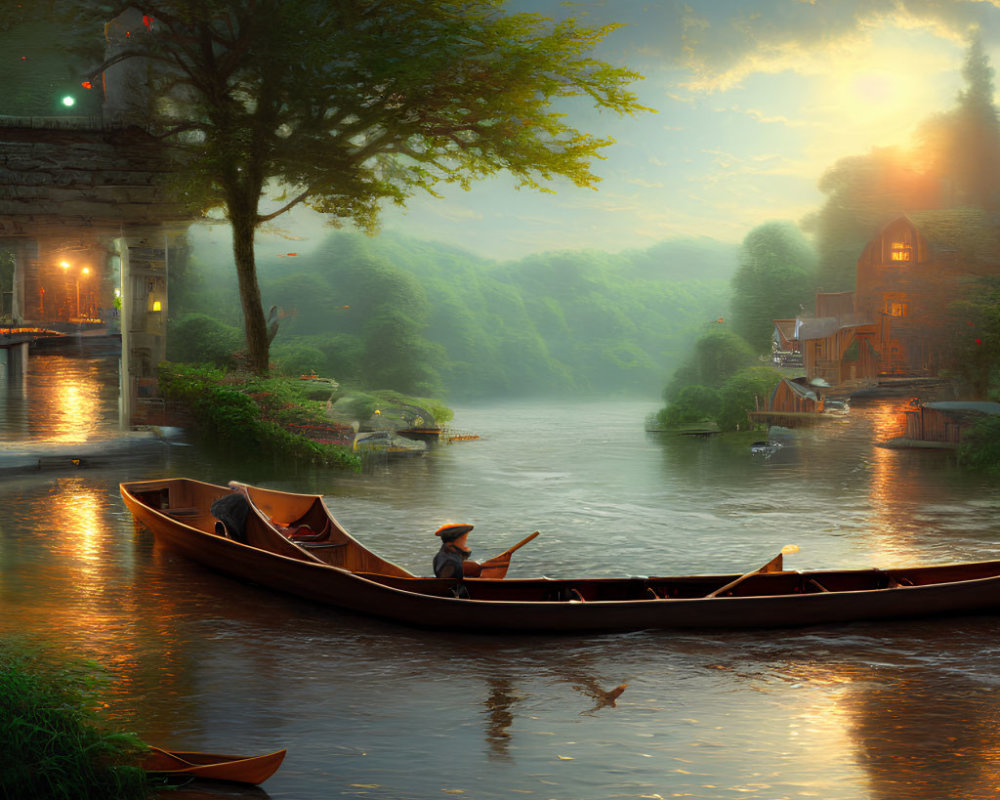 Tranquil river sunset with person paddling boat, warm lit buildings, and lush green trees.