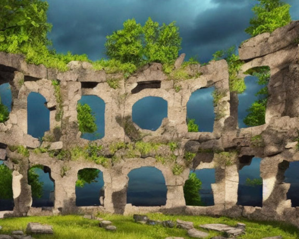 Ancient stone structure ruins with arches in moonlit scenery