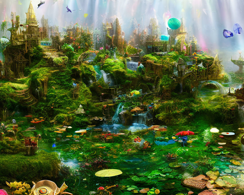 Fantasy landscape with floating islands, waterfalls, greenery, and oversized butterflies