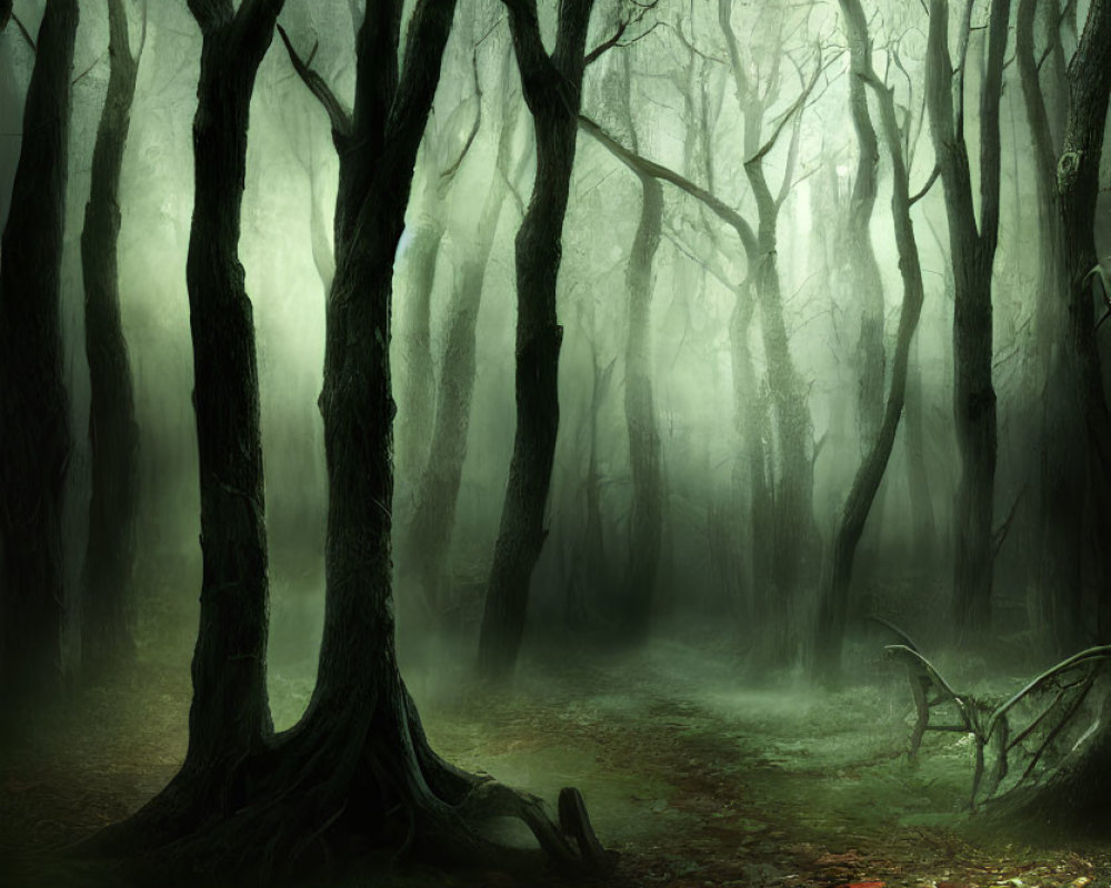 Eerie misty forest with twisted trees and green glow