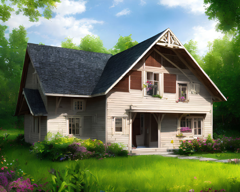Charming two-story wooden cottage in forest clearing
