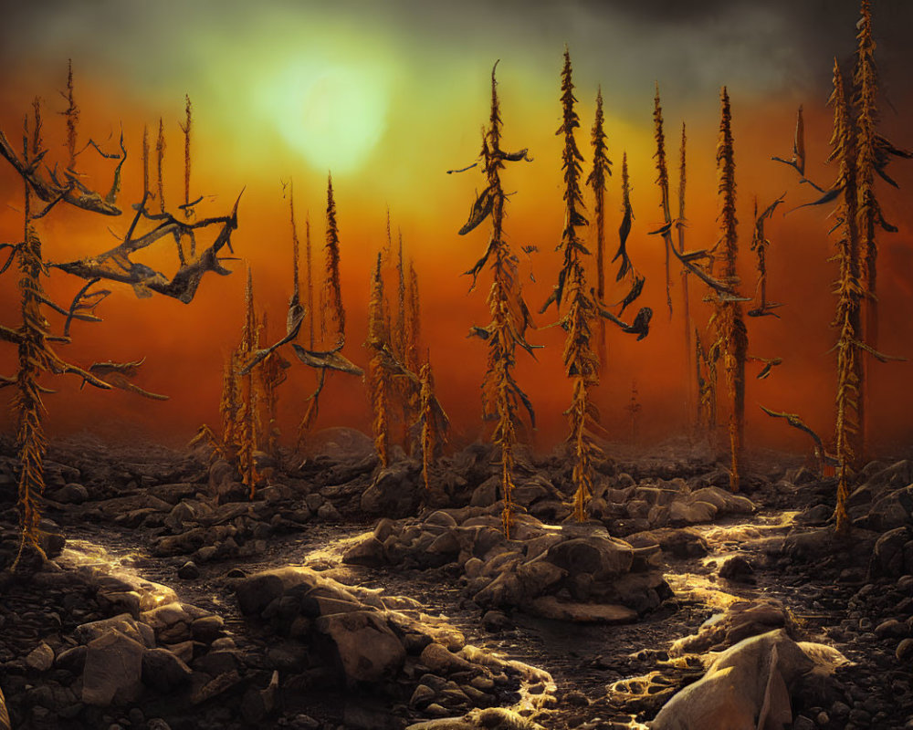 Barren Trees and Rocky Ground in Apocalyptic Landscape