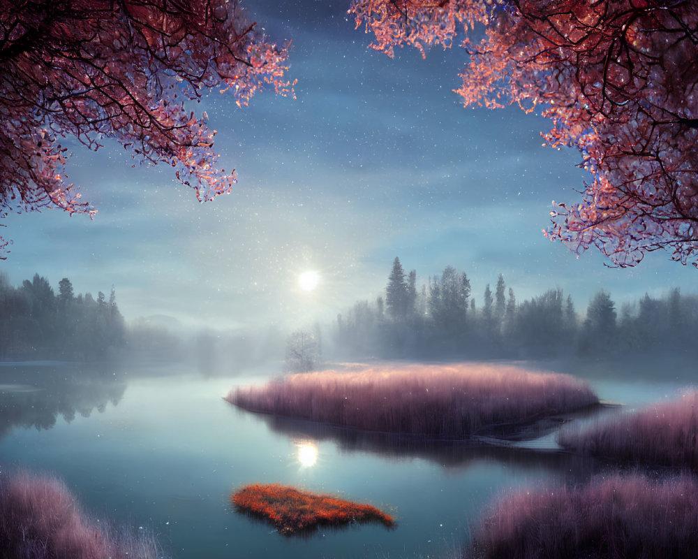 Tranquil lake at sunrise with pink blossomed trees and misty forest under starry sky