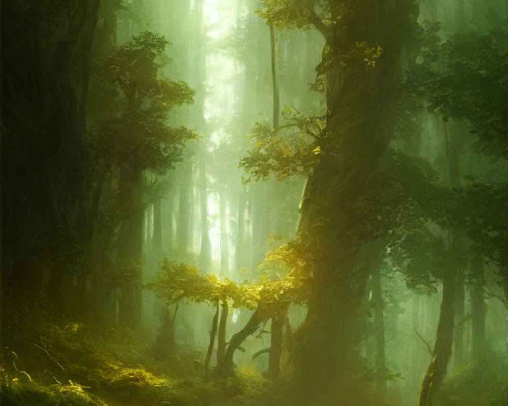 Enchanting forest scene with mist, sunlight, green trees, and yellow flora