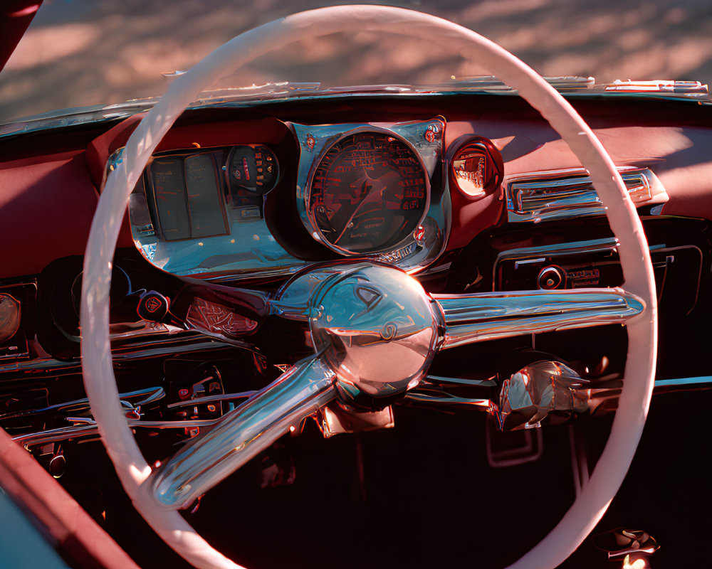 Classic Vintage Car Interior with Shiny Steering Wheel and Chrome Dashboard Details