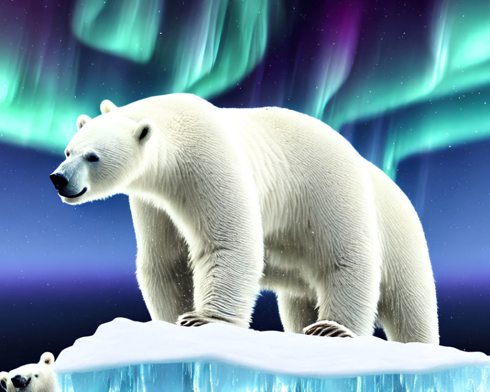 Polar bears under vibrant aurora borealis on ice floe