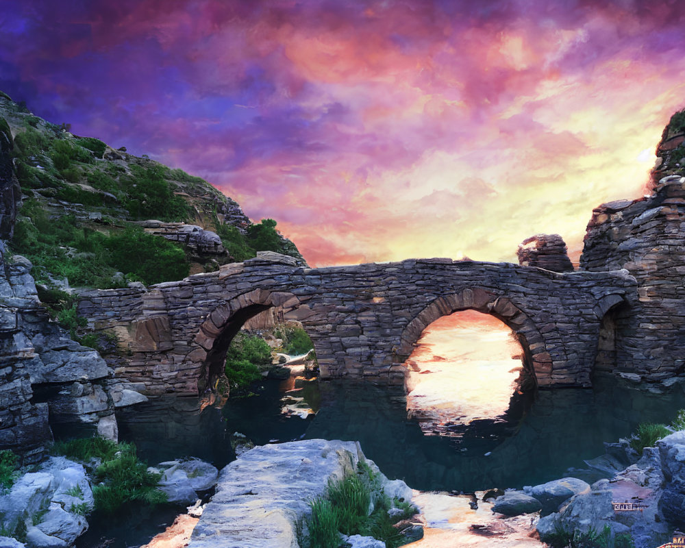 Ancient stone bridge with three arches over tranquil river and rugged cliffs under vibrant twilight sky