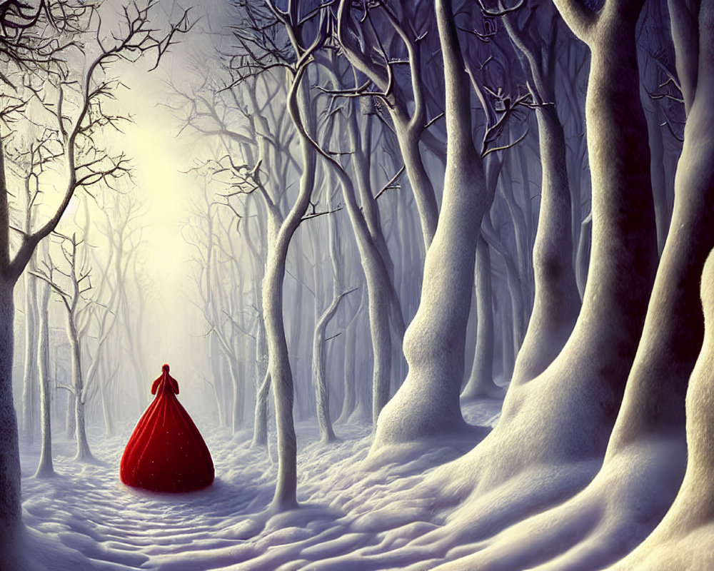 Solitary figure in red cloak in snow-covered woodland