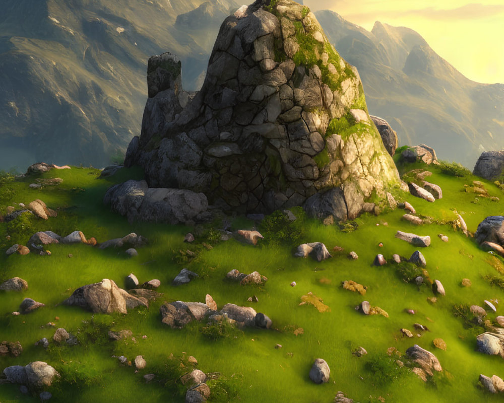 Scenic sunset view of verdant hills, ancient ruin, and mountains