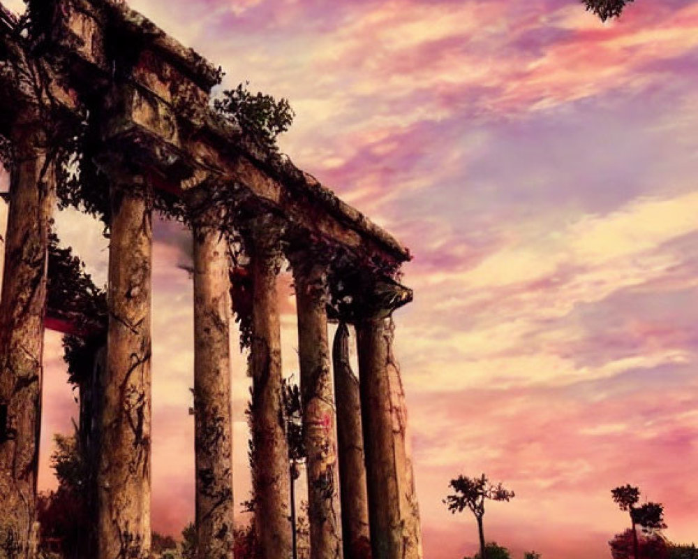 Ruined temple columns under vibrant sunset sky with overgrown surroundings