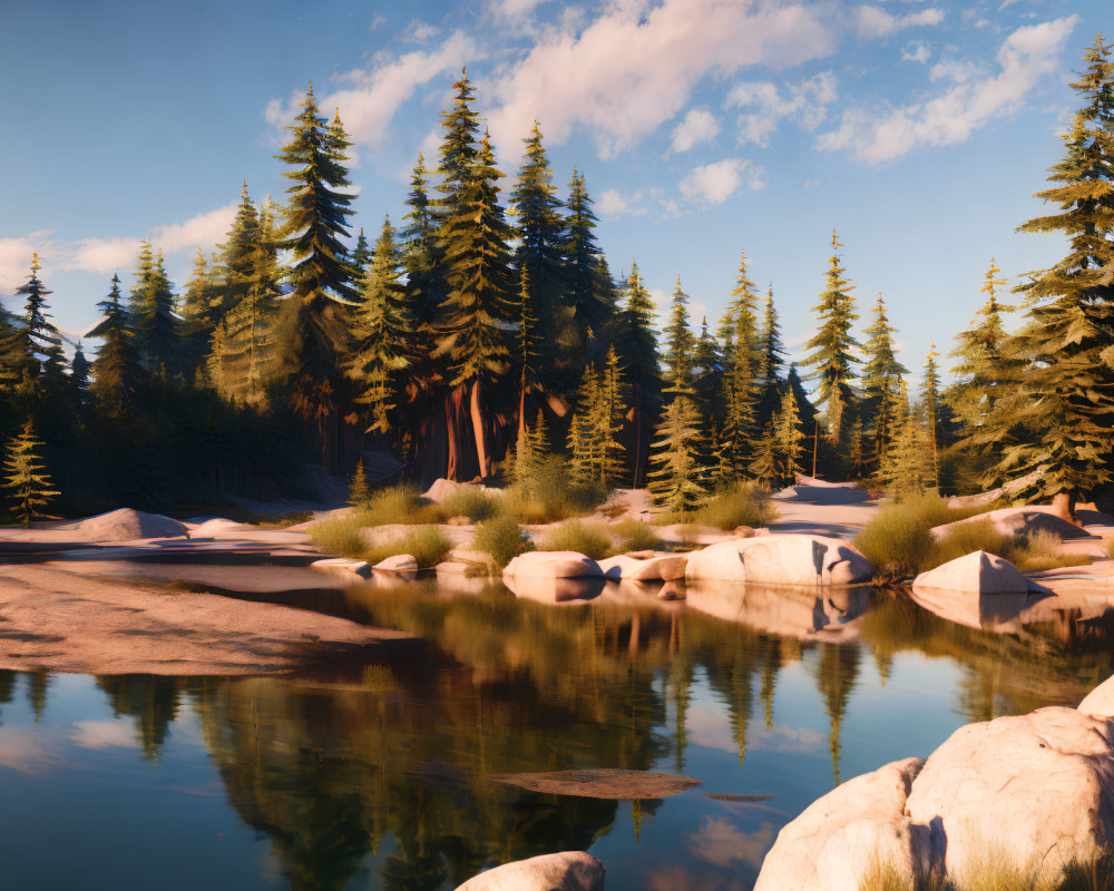 Tranquil forest scene with evergreens, lake reflection, boulders, and warm sunlight