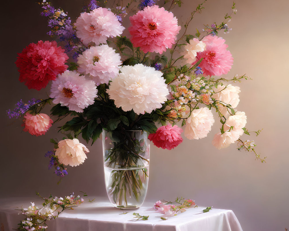 Pink and White Peonies Bouquet in Glass Vase on Table with White Cloth