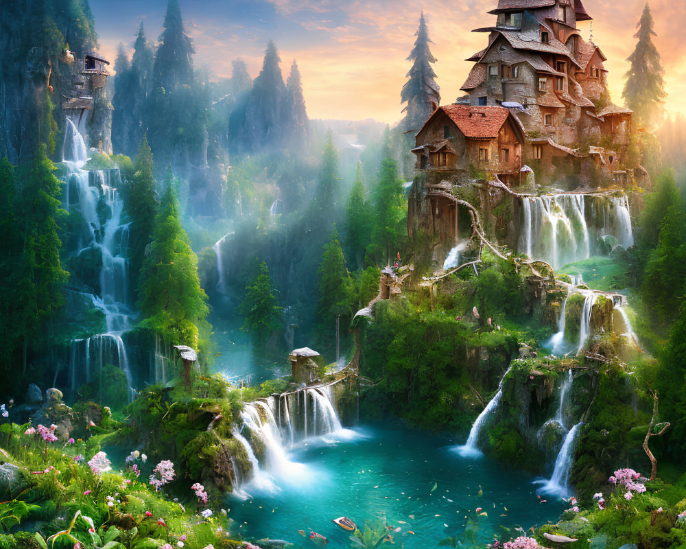 Fantasy landscape with waterfall network, lush greenery & grand house among cliffs