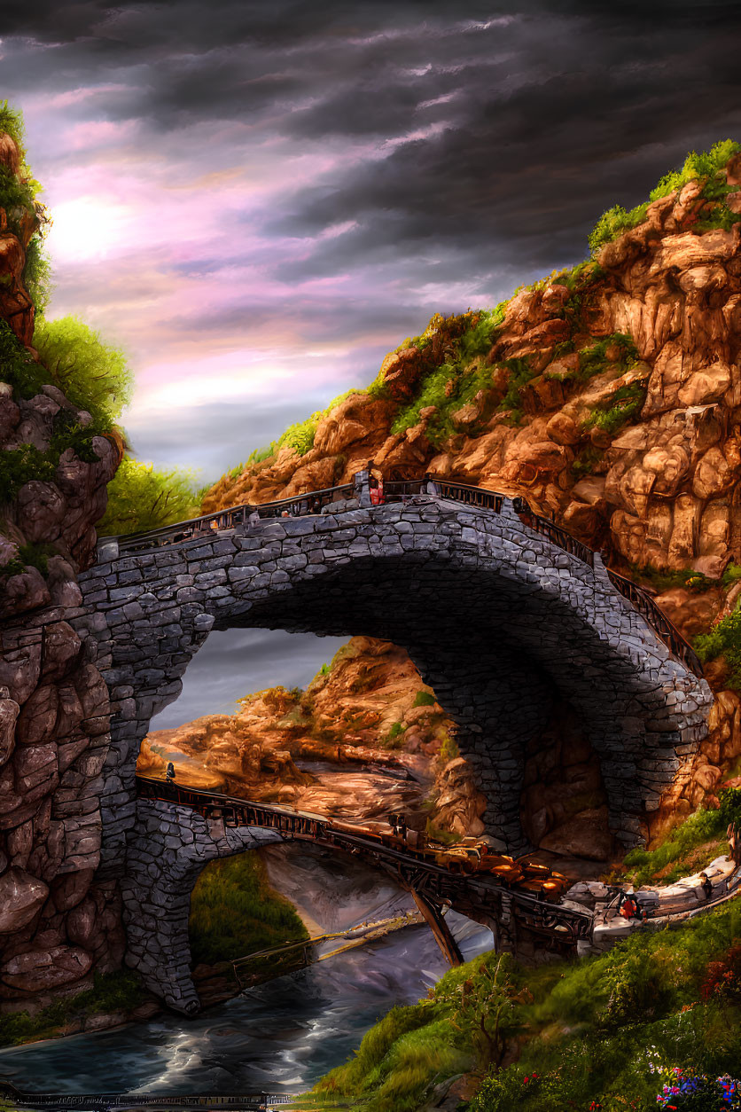 Stone arch bridge over river gorge with passing train and person under dramatic sky