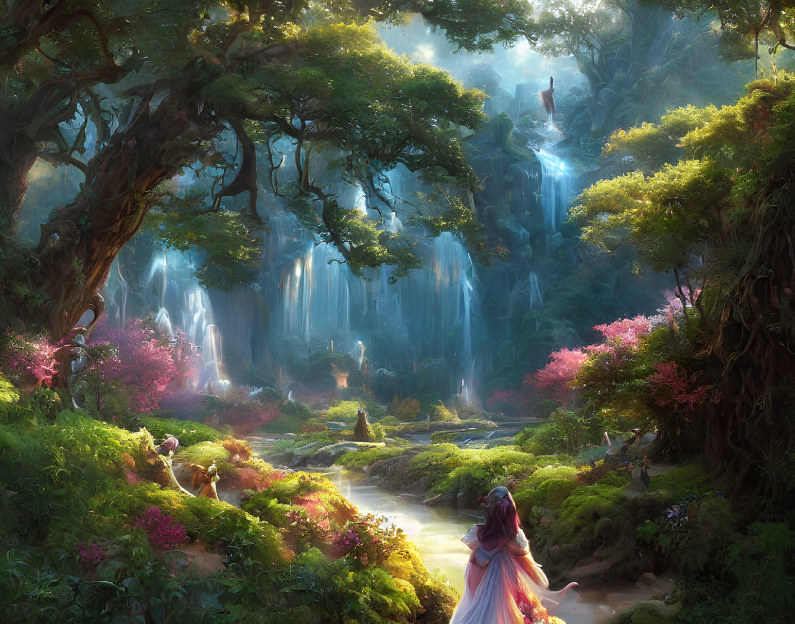 Magical forest with greenery, waterfalls, stream, vibrant flora, figure in pink cloak