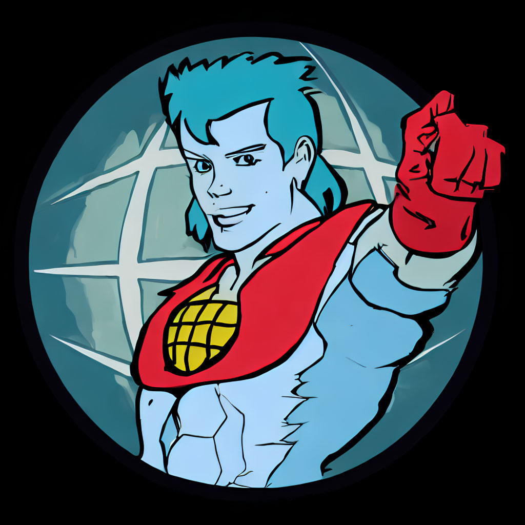 Superhero with Blue Hair and Red Cape Against Globe Background