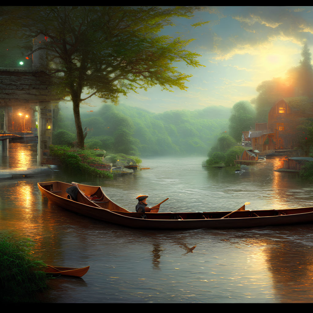 Tranquil river sunset with person paddling boat, warm lit buildings, and lush green trees.
