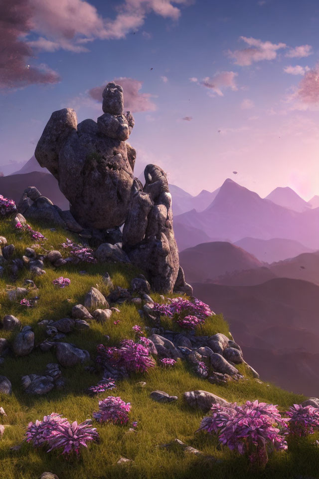 Tranquil landscape with grassy hill, rocks, and pink flowers at sunset