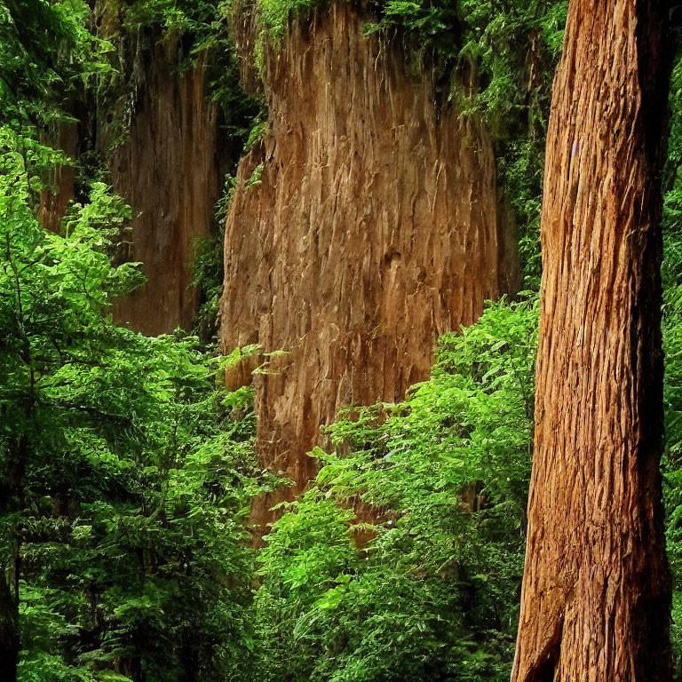 Lush forest scene with tall tree and textured cliff.