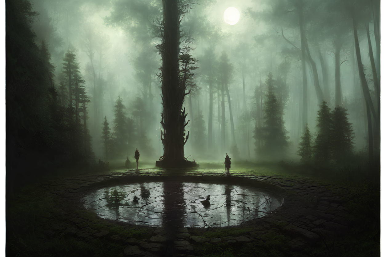 Mystical forest scene with large tree, silhouettes, pond, and glowing moon