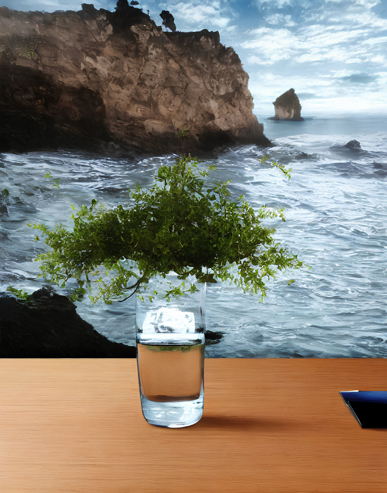 Glass of water on wooden desk with bonsai tree illusion and island landscape.