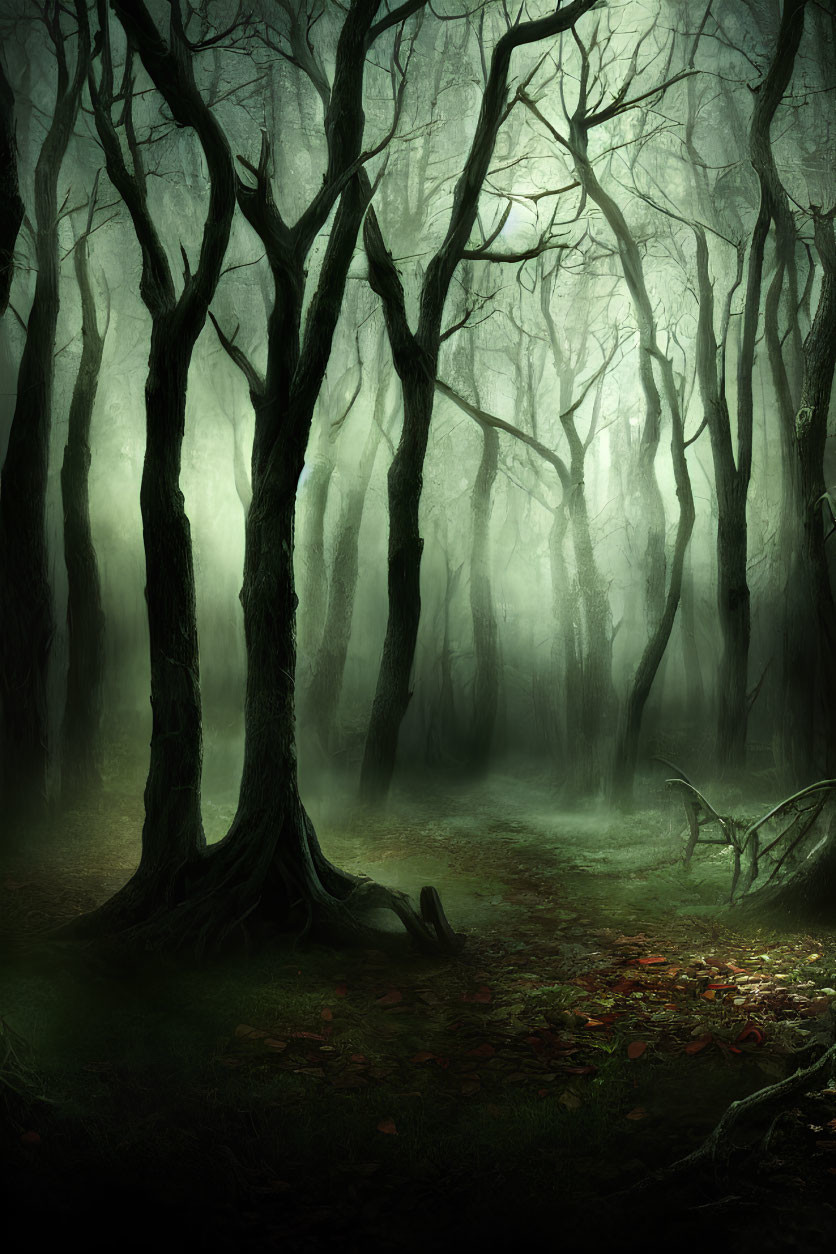 Eerie misty forest with twisted trees and green glow